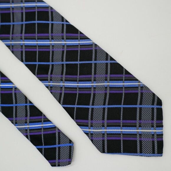 Pronto Uomo Black Purple‎ Blue Plaid Silk Tie Long - Picture 1 of 7